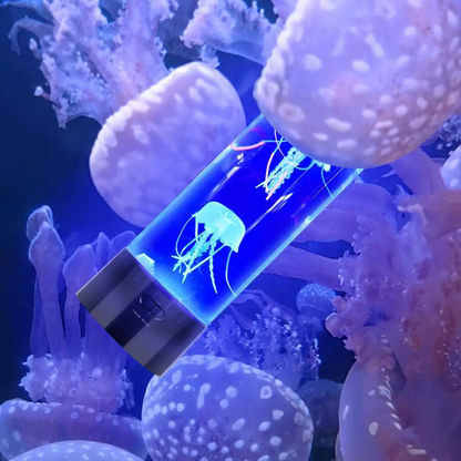 Belro Jellyfish LED lamp and aquarium for home and outdoor decor, featuring vibrant, flowing jellyfish lights inside a clear tank.