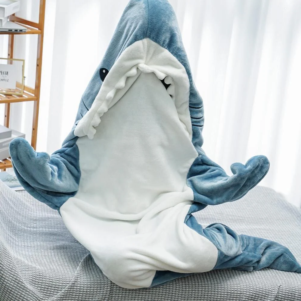 Belro Shark fleece hooded blanket showing soft, plush material with shark design and hood for cozy comfort.