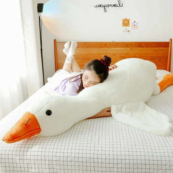 Belro Big White Goose plush throw pillow featuring a sleeping duck plush toy, soft and cuddly stuffed goose doll for comfort.