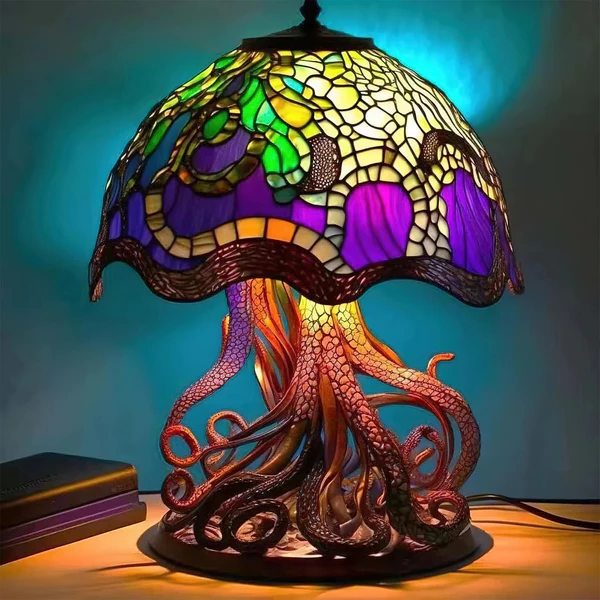 Belro stained glass plant series table lamp with colorful floral design, modern desk lamp for home or office lighting.