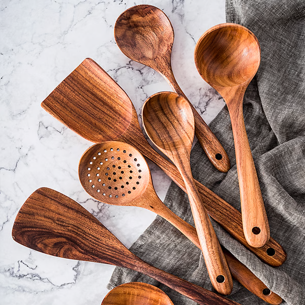 Belro natural teak wood kitchen utensils set with eco-friendly non-toxic cooking spoons for home use in kitchen and dining.