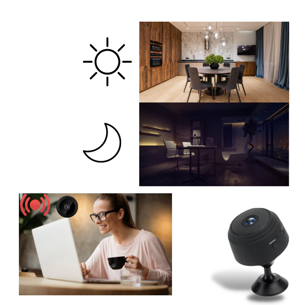 Mini wireless surveillance camera by Belro, compact security camera with lens and mounting bracket for home monitoring.