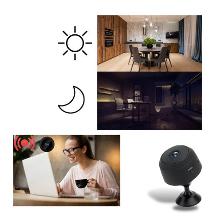 Mini wireless surveillance camera by Belro, compact security camera with lens and mounting bracket for home monitoring.