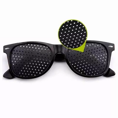 Belro corrective pinhole glasses with clear lenses, designed to improve vision, shown in a close-up image.