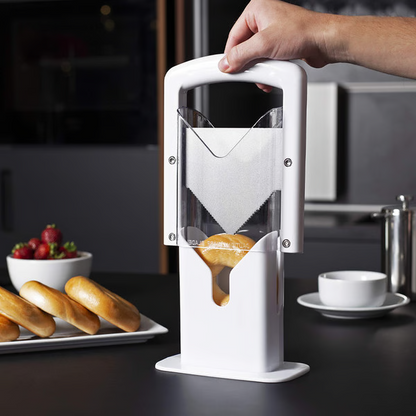 Belro stainless steel bagel slicer with adjustable guide for safely slicing small and large bagels in the kitchen.