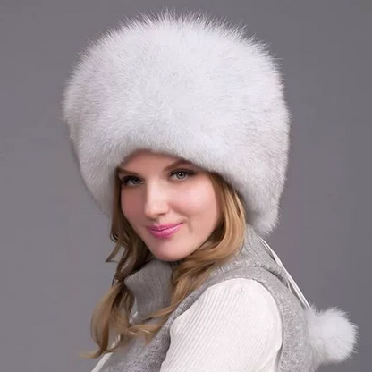 Belro women's winter hat with thick natural fox fur, featuring ear muffs for warmth and cozy winter fashion.