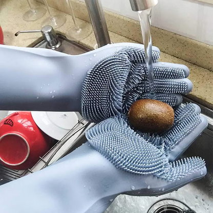 Belro Magic Silicone Dishwashing Gloves, reusable cleaning gloves in vibrant yellow and green, with textured fingertips for scrubbing.