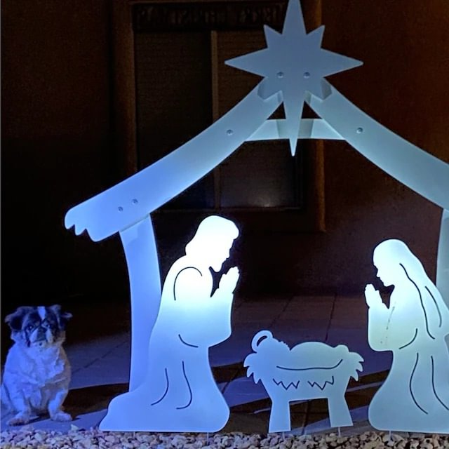 Belro Holy Night outdoor Christmas nativity set with figures of Mary, Joseph, and baby Jesus displayed outdoors for holiday decoration.