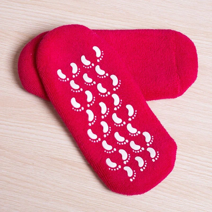 Belro moisturizing socks with spa gel lining for softening and hydration, shown on feet in a health and beauty setting.