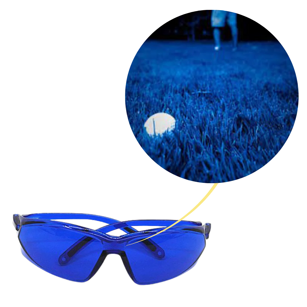 Belro golf ball finding glasses with built-in camera lens for quick, clear golf ball detection and tracking.