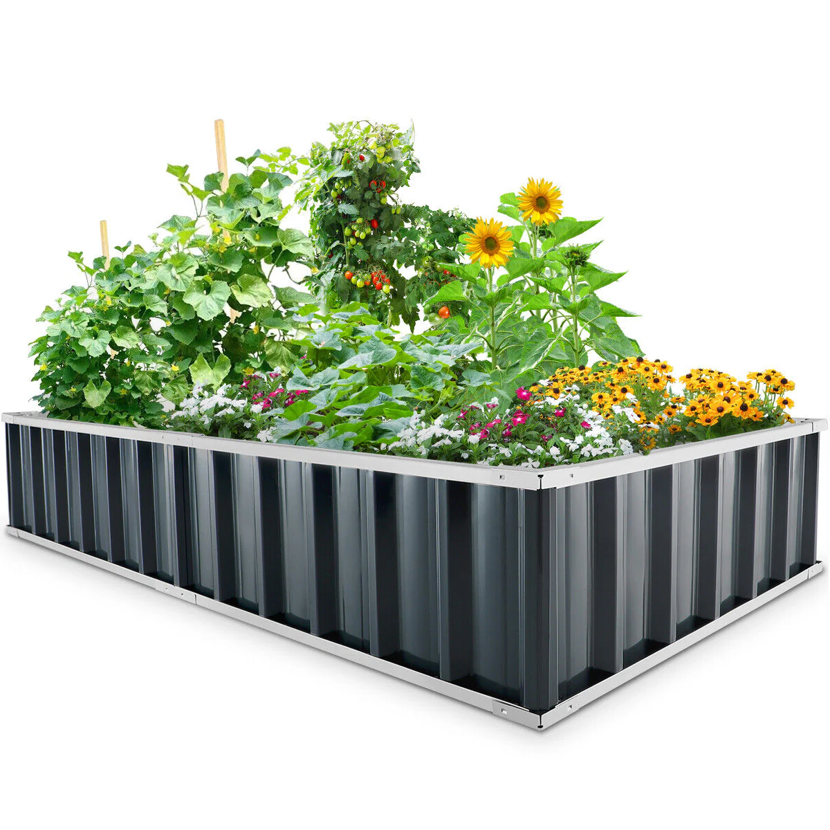 Belro outdoor raised garden bed filled with vibrant flowers and vegetables in a garden setting.