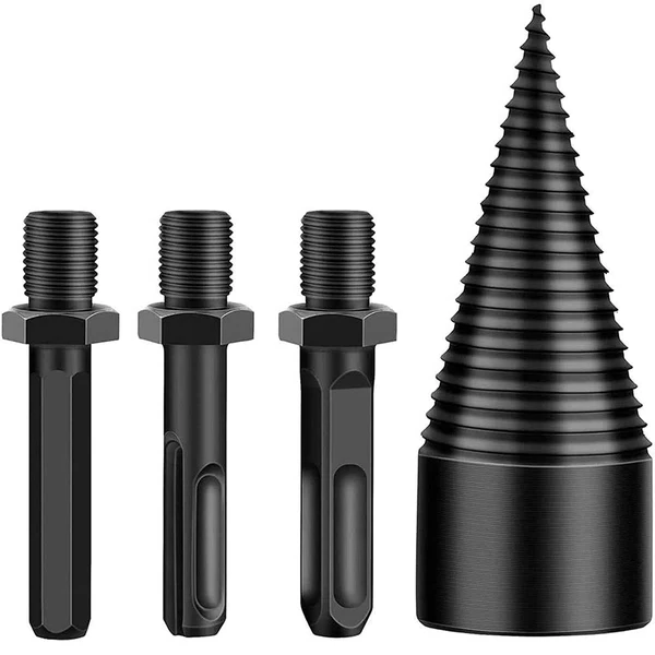 Belro Shank Firewood Drill Bit for wood drilling, compatible with any drill, shown in use with a power drill and wood.