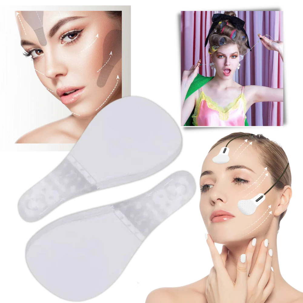 Belro Invisible Face-Lift Stickers for beauty and makeup, showing clear, skin-toned adhesive strips on a model's face.