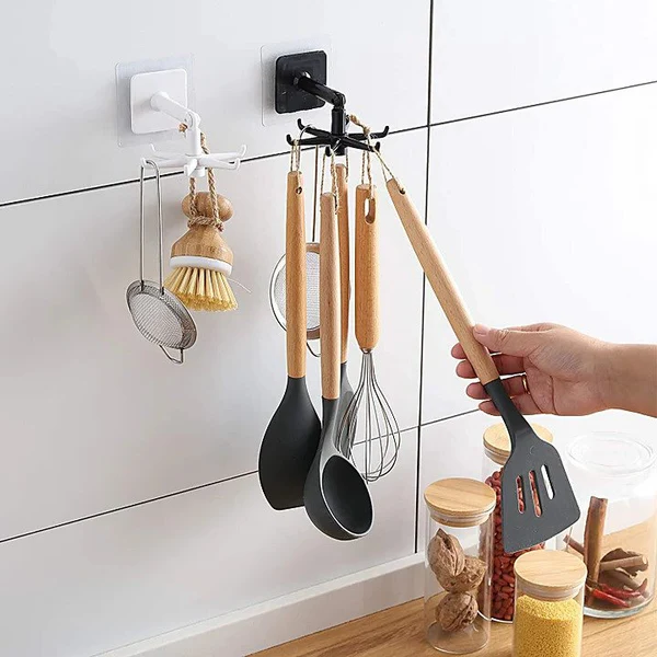Belro 360° rotating self-adhesive utility hook mounted on wall, ideal for home and garden storage and organization.