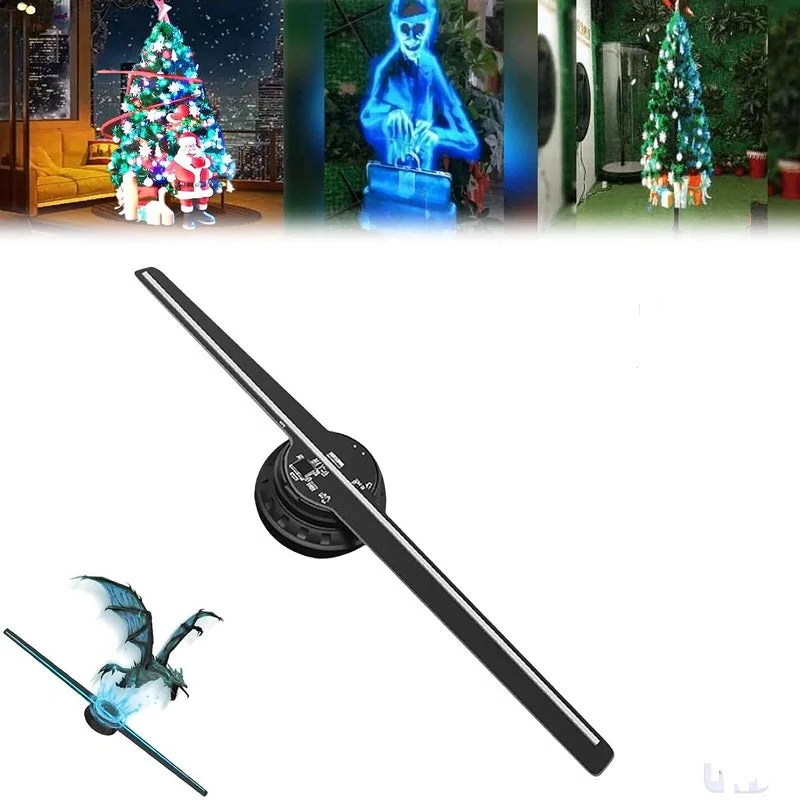 Belro 3D hologram LED fan projector displaying a vibrant, animated 3D image with a sleek design against a black background.