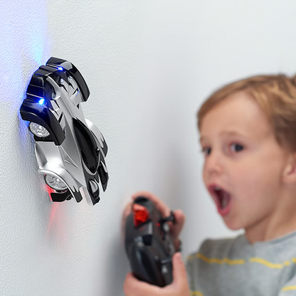 Belro Ultimate Wall Climbing Remote Control Car climbing a wall, showcasing its toy design and compact size for kids and hobbyists.