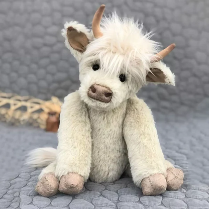 Belro Scottish Highland Cattle plush toy, soft and detailed, perfect for display or collection, showcasing its fluffy brown and beige fur.