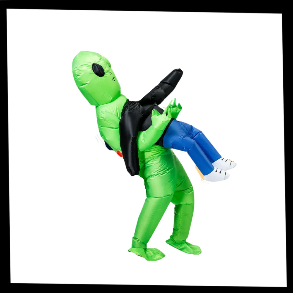 Belro inflatable alien costume, full-body green suit with alien head and arms, ideal for Halloween or costume parties.