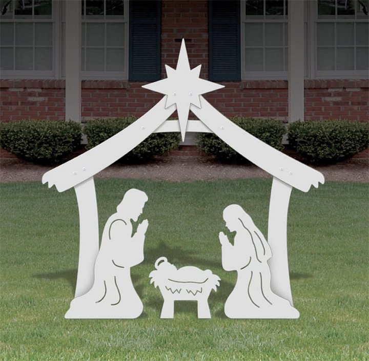 Belro Holy Night outdoor Christmas nativity set with figures of Mary, Joseph, and baby Jesus for holiday outdoor decor.
