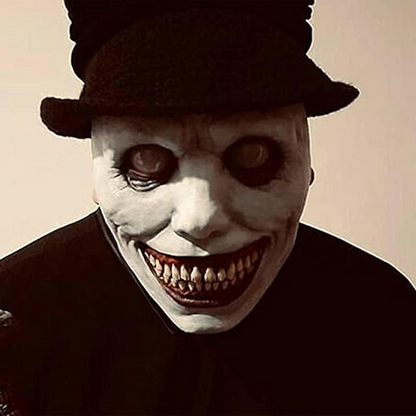 Belro creepy smiling face evil mask with white demon eyes, costume accessory for horror or Halloween costumes.