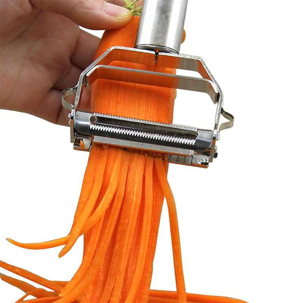 Belro dual-blade peeler for slicing vegetables, featuring ergonomic handle and stainless steel blades for efficient kitchen prep.