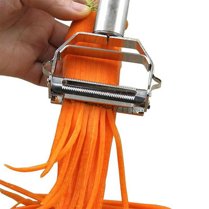 Belro dual-blade peeler for slicing vegetables, featuring ergonomic handle and stainless steel blades for efficient kitchen prep.