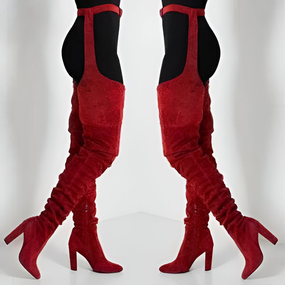 Belro women's faux suede thigh-high belted boots with chunky high heels and slouch design, over-the-knee footwear.