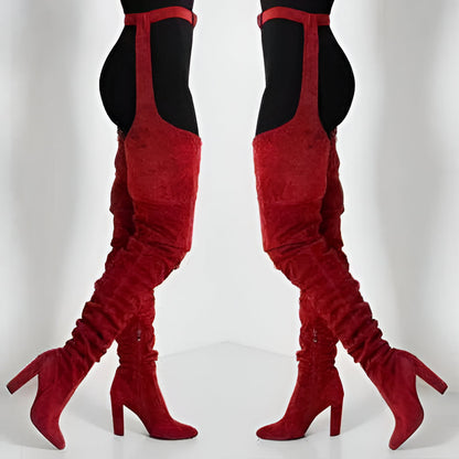 Belro women's faux suede thigh-high belted boots with chunky high heels and slouch design, over-the-knee footwear.
