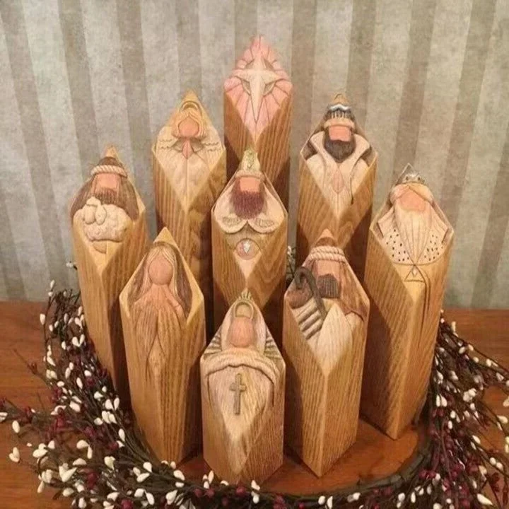 Set of 9 Belro Heaven Nativity Tree Pillar Statues for holiday home and garden decor, featuring festive angel and nativity figures.