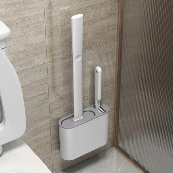 Belro wall-mounted toilet brush and plunger set with modern design, shown in a bathroom corner for space-saving cleaning.
