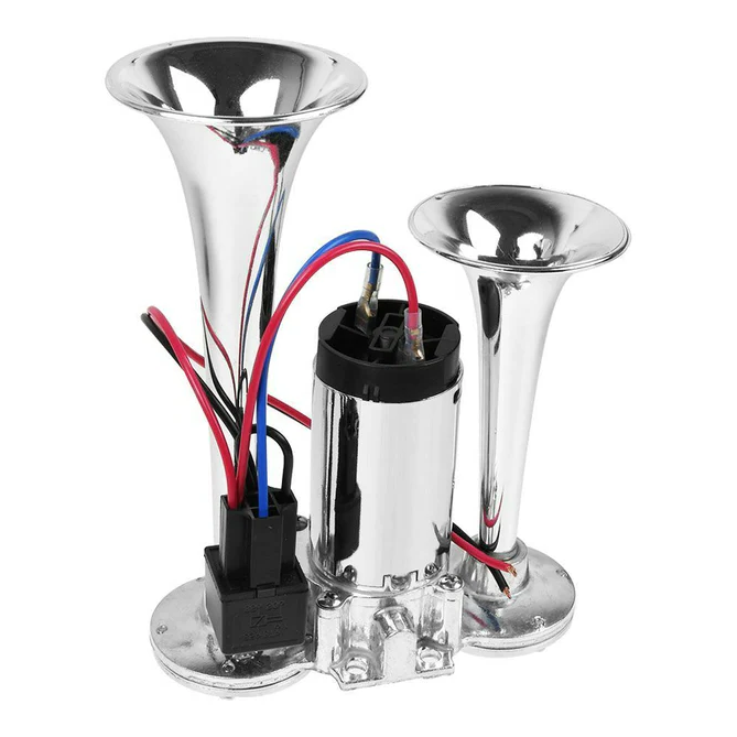 Belro super loud train horn for tracks and cars, electronic audio device with metal components and mounting hardware.