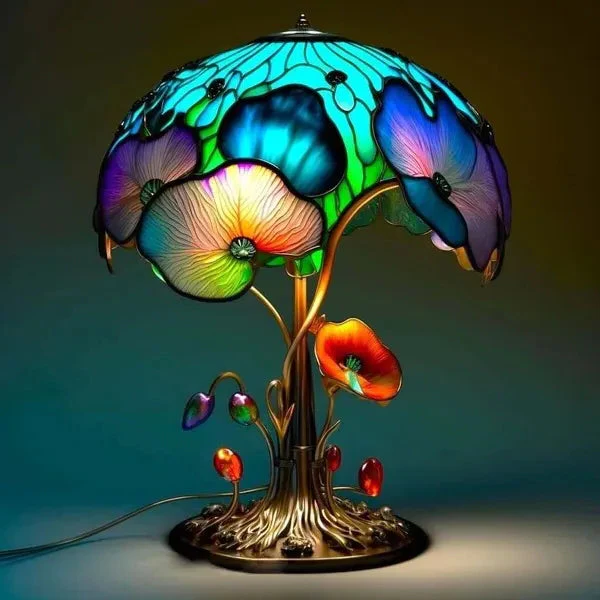 Belro stained glass plant series desk lamp with colorful stained glass shade and modern design for home or office lighting.