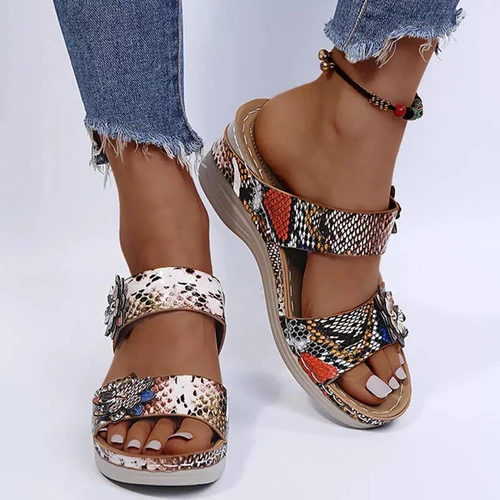 Belro leopard and snake print orthopedic leather wedge sandals with soft soles, stylish and comfortable footwear for warm weather.