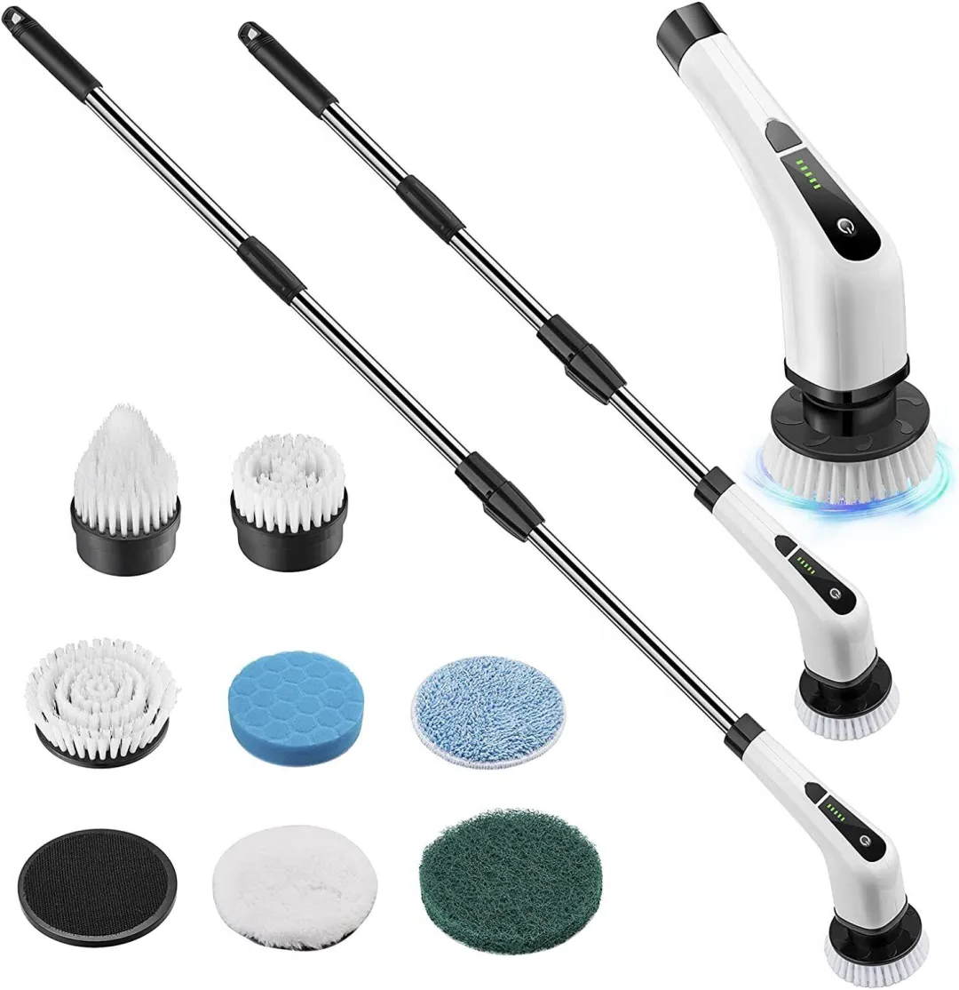 Belro electric spin power scrubber with long handle and seven cleaning heads for outdoor home and garden cleaning tasks.