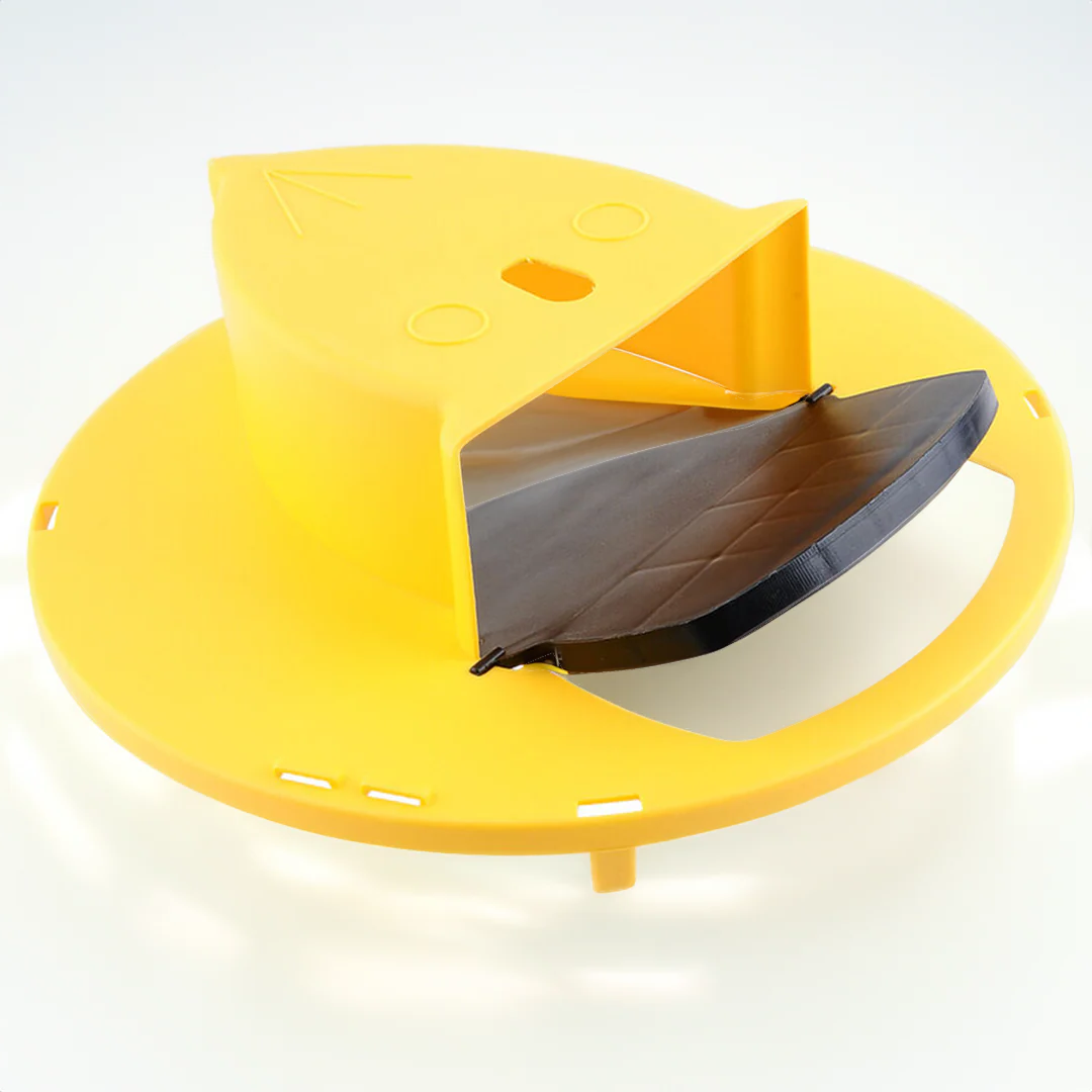 Belro Humane Bucket Cover Mouse Trap on a wooden surface, designed for outdoor pest control, with a sturdy cover for mouse trapping.
