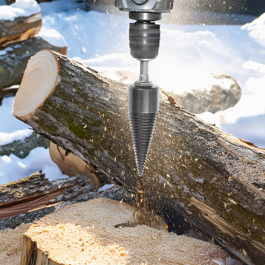 Belro universal firewood splitter drill bit attached to a power drill, designed for splitting firewood efficiently.