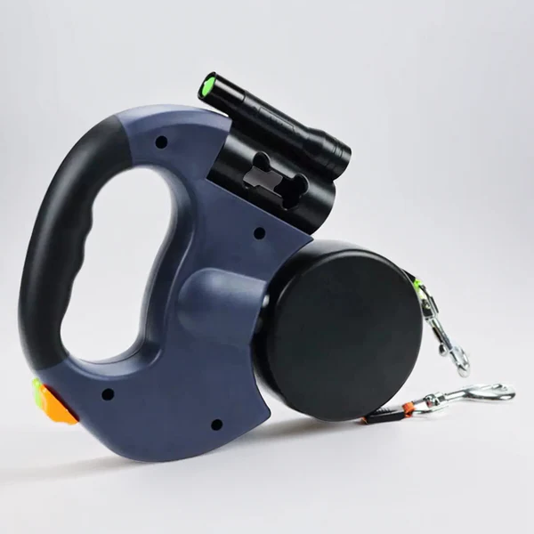 Belro dual retractable dog leash with flashlight and waste bag holder, suitable for walking and controlling dogs outdoors.