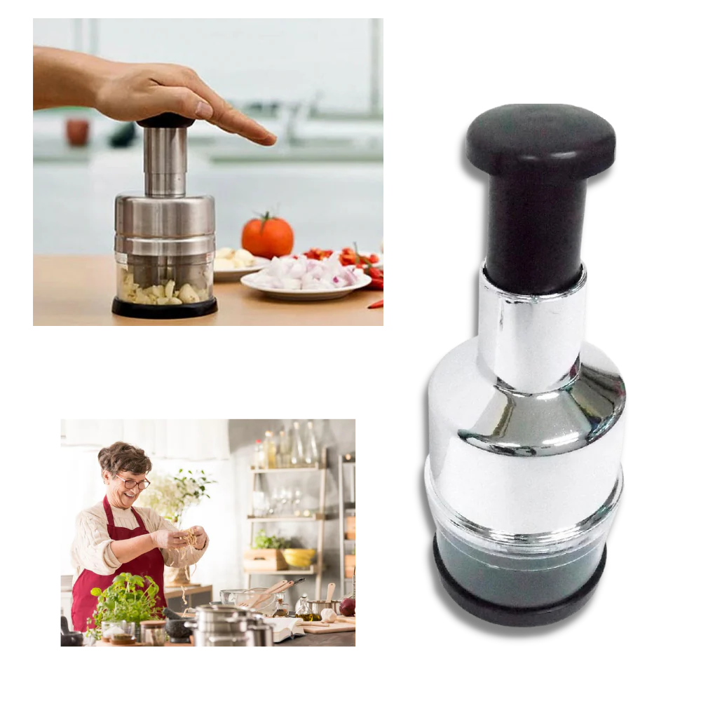 Belro stainless steel garlic chopper with ergonomic handle and sharp blades, ideal for quick garlic crushing in the kitchen.