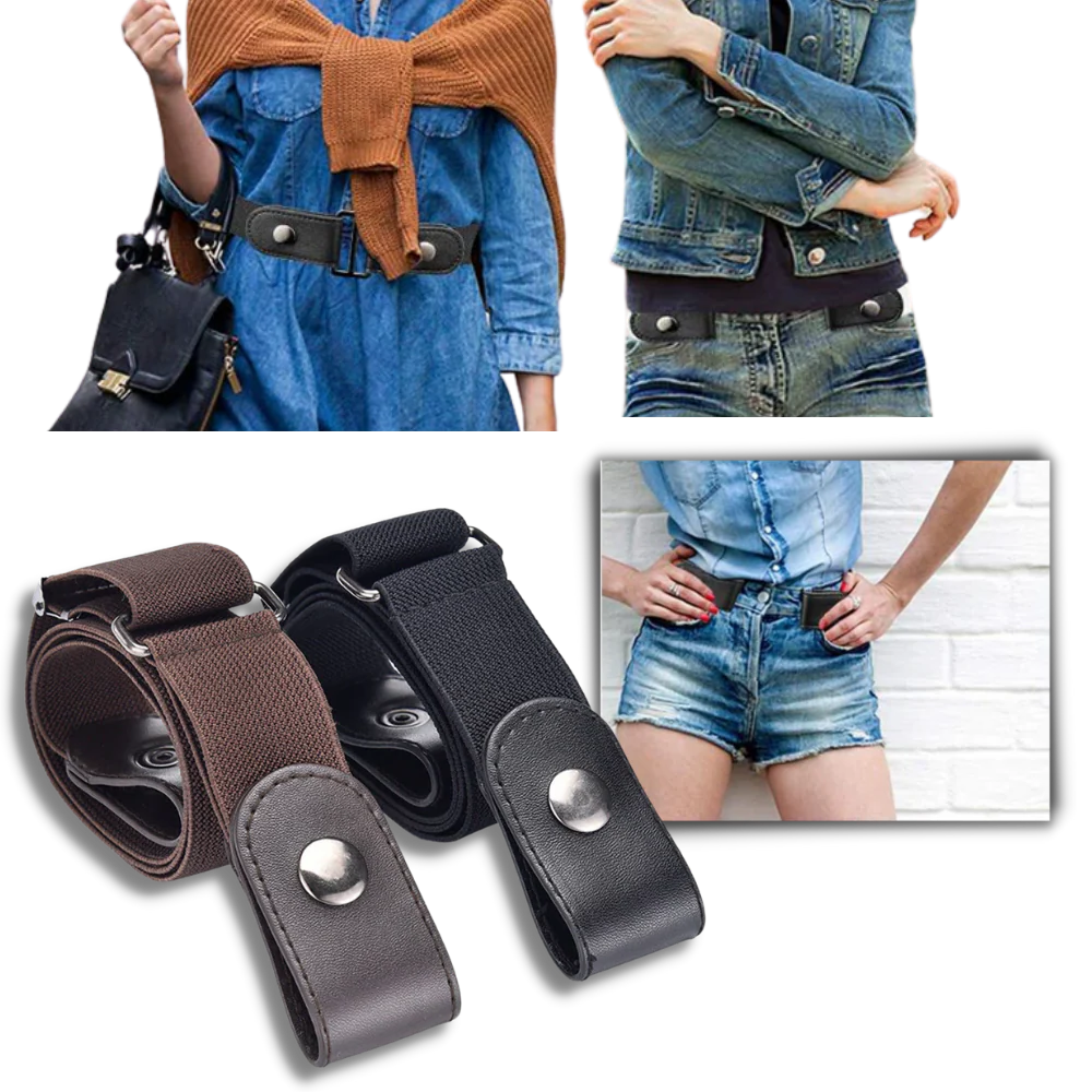 Black buckle-free elastic belt by Belro, shown laid flat with adjustable stretch and sleek design.