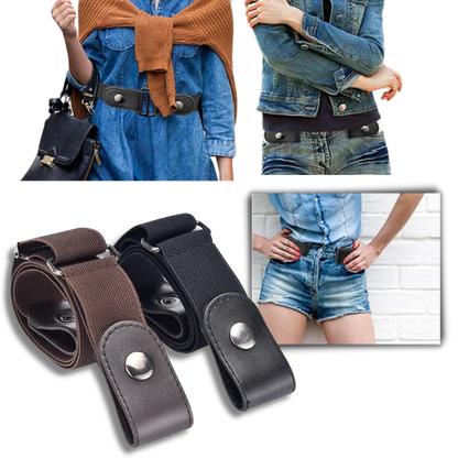 Black buckle-free elastic belt by Belro, shown laid flat with adjustable stretch and sleek design.