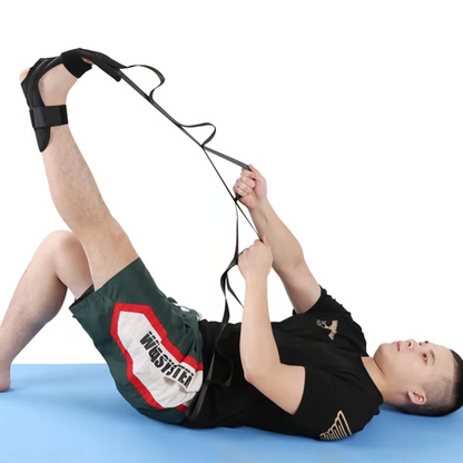 Belro men's yoga stretching strap and rehabilitation training belt, flexible fabric with adjustable loops for stretching exercises.