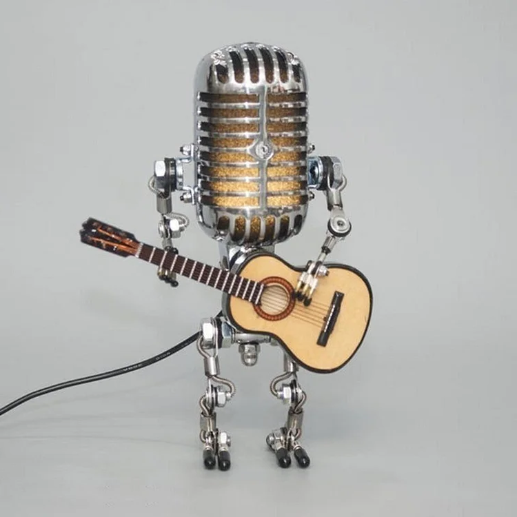 Vintage Metal Microphone Robot with Guitar Lamp by Belro, featuring retro-style microphone and illuminated guitar lamp in a decorative display.