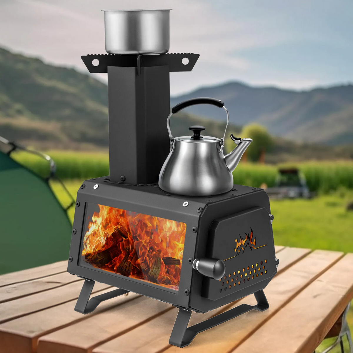 Belro portable wood-burning camping stove with metal cooking surface and handle, designed for outdoor heating and cooking.