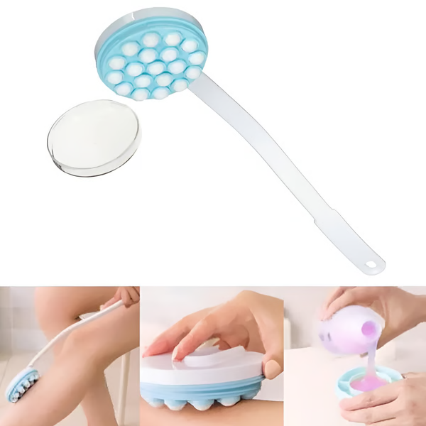 Belro long handled back lotion applicator and massager with easy roll-on dispenser for smooth skin, shown in use.