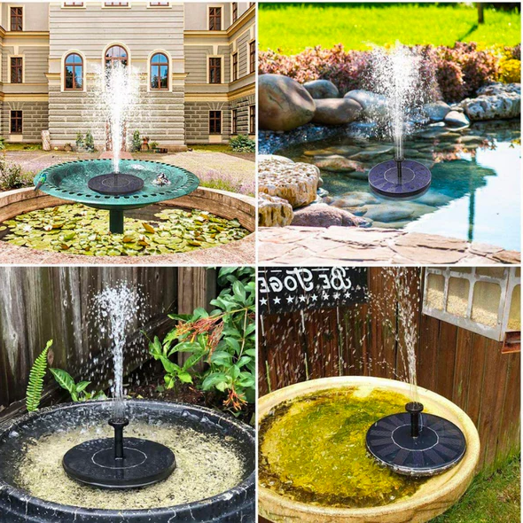 Solar-powered garden fountain pump by Belro, showcasing the pump with water flowing, ideal for outdoor home and garden decor.