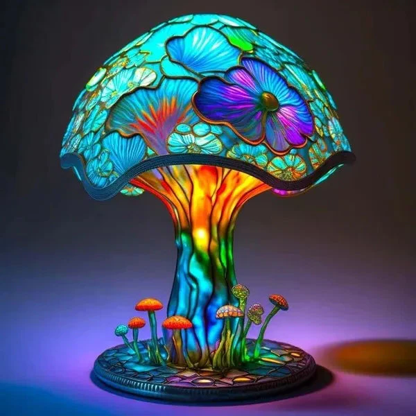 Belro stained glass plant series table lamp with colorful, decorative glass shade on a desk.