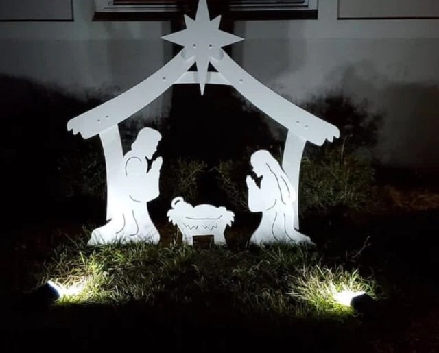 Belro Holy Night outdoor Christmas nativity set with figures of Mary, Joseph, baby Jesus, and animals for holiday garden display