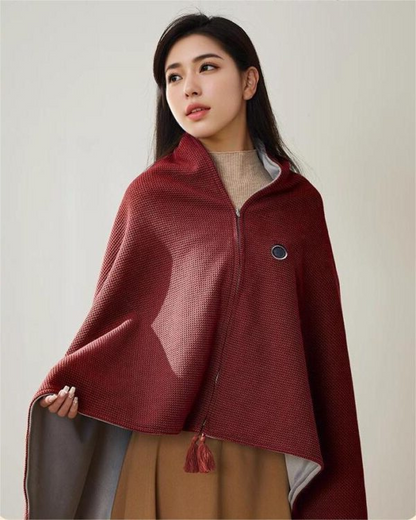 Belro portable heated shawl in cozy fabric, designed for pain relief and warmth, featuring adjustable heat controls.