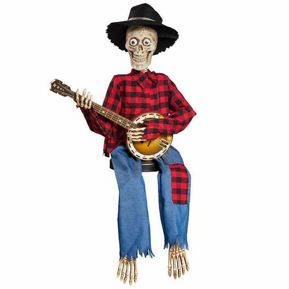 Funny animated dueling banjo skeletons graphic on men's clothing by Belro, featuring spooky skeletons playing banjos.