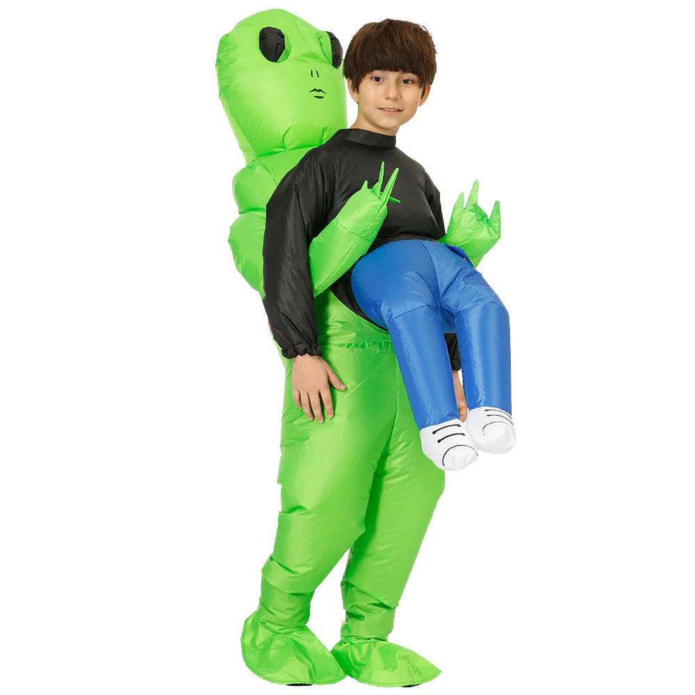 Belro inflatable alien costume showing green alien suit with helmet and arms, perfect for cosplay or themed events.